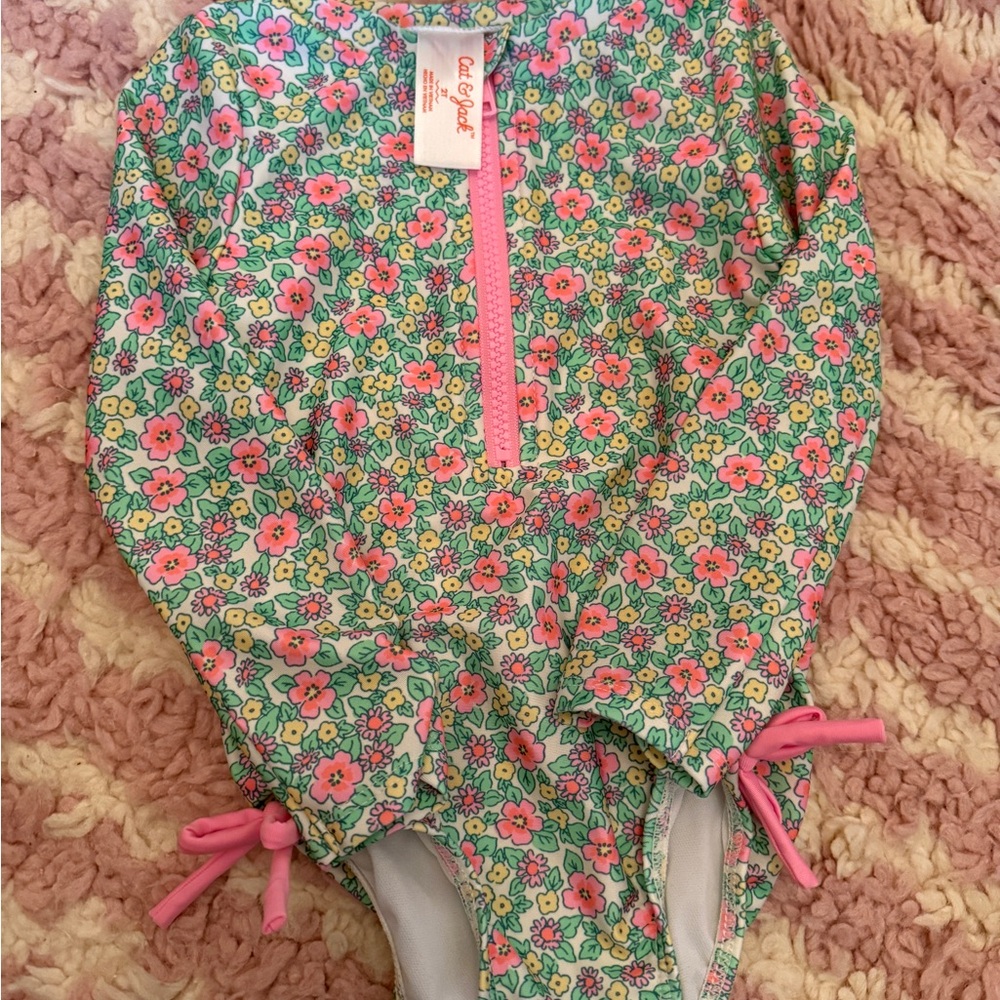 Cat & Jack Mint Floral Long Sleeve Swimsuit with Pink Accents